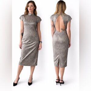 Vintage 80s Savannah Metallic Snake Print Midi Dress Open Back Medium 11/12 6 8